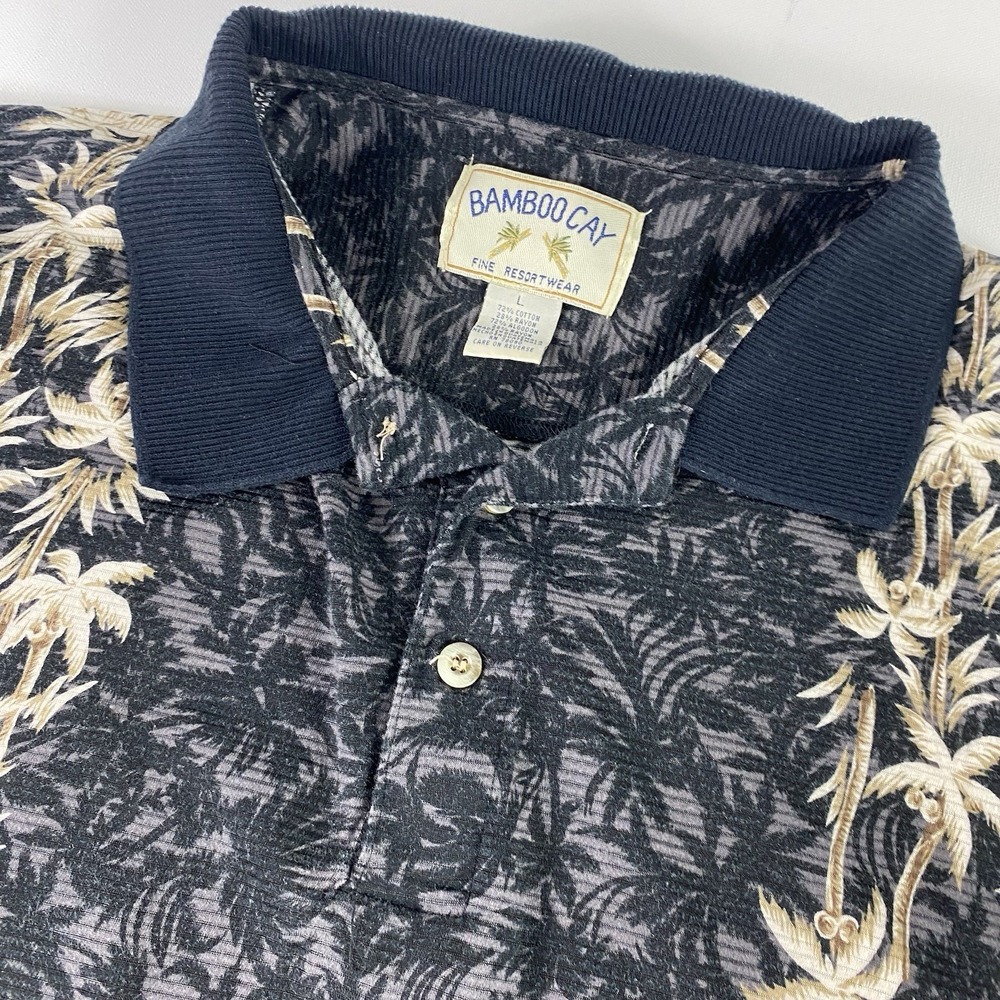 Bamboo Cay Polo Shirt Mens Large Black Palm Trees Cotton Rayon Short Sleeve